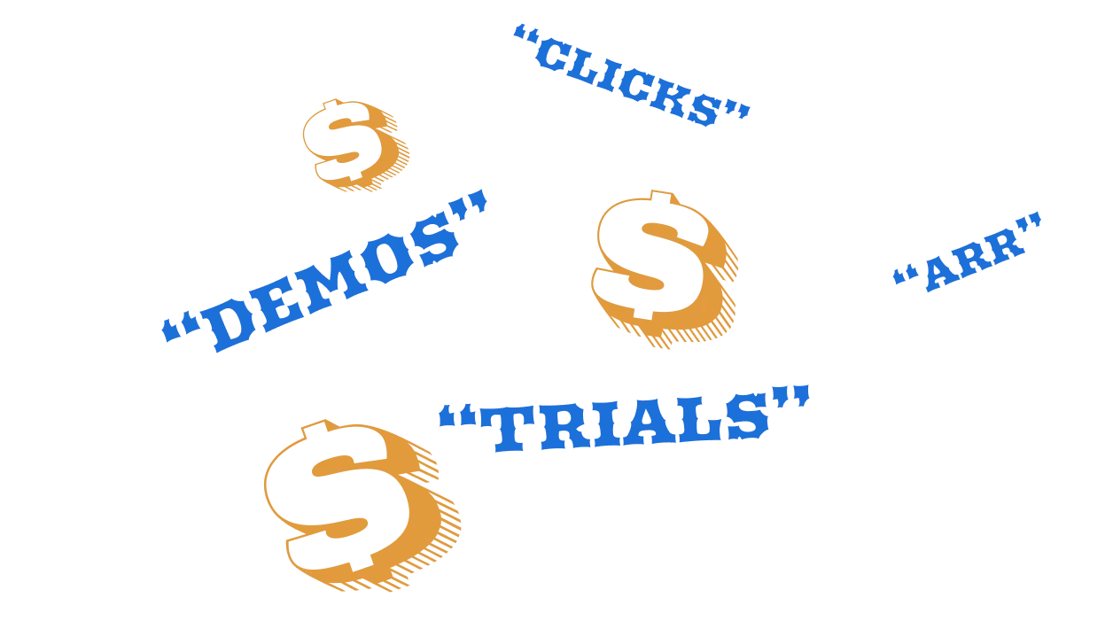 Dollar signs floating around the words "Demos, Clicks, Trials and ARR)