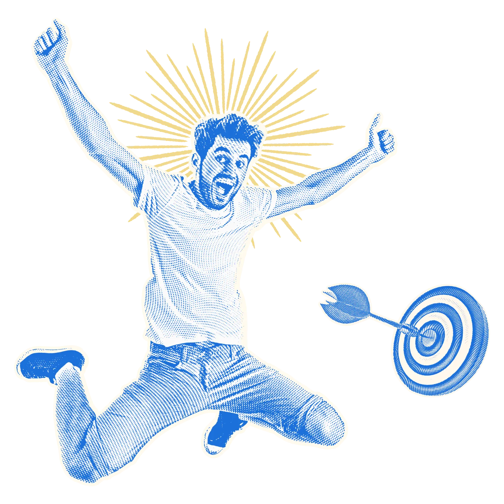 A happy client jumping for joy because they hit their target. Light shines from behind their head.