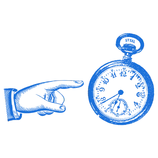 An illustration of a hand pointing to an illustration of a pocket watch.