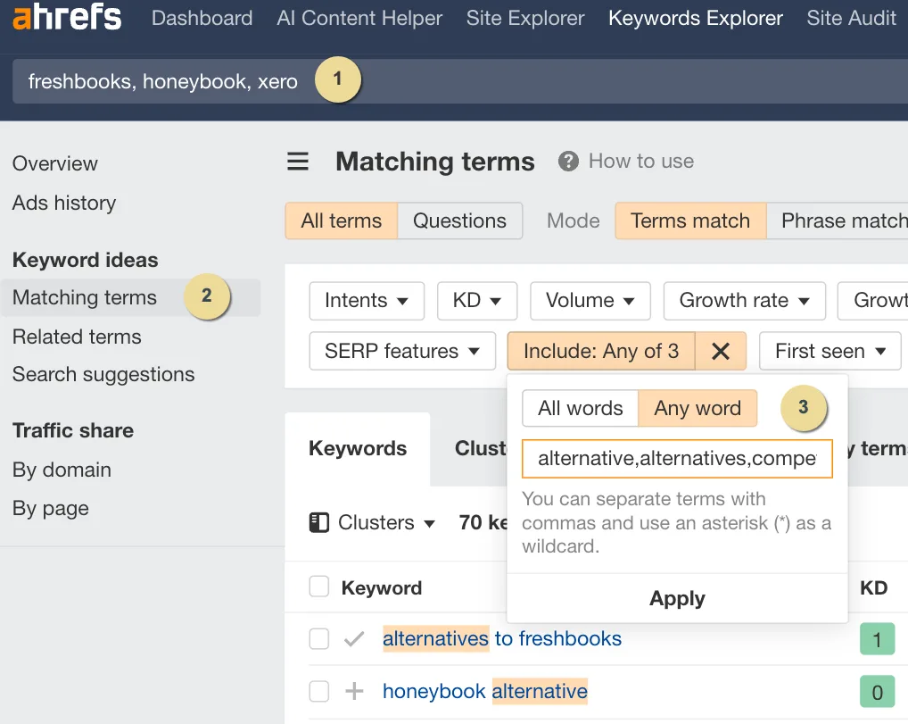 Looking for "[brand] alternatives" keywords in Ahrefs