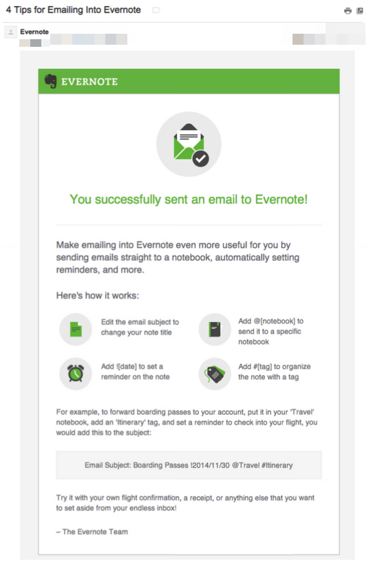 Milestone email from Evernote