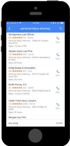 Mobile phone maps search "Personal Injury Attorney" reviews