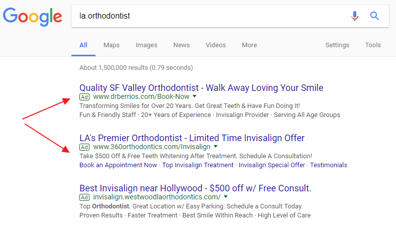 LA Orthedontics paid search results