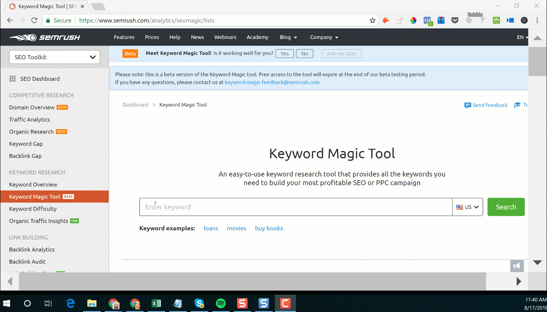 GIF showing how to use SEMrush KW Magic Tool