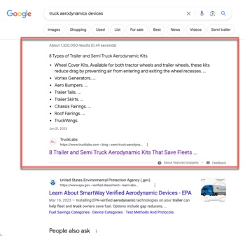 An example of a featured snippet. TruckLabs — a Virayo client — owns the featured snippet for “truck aerodynamics devices,” because we optimized the content for that keyword.